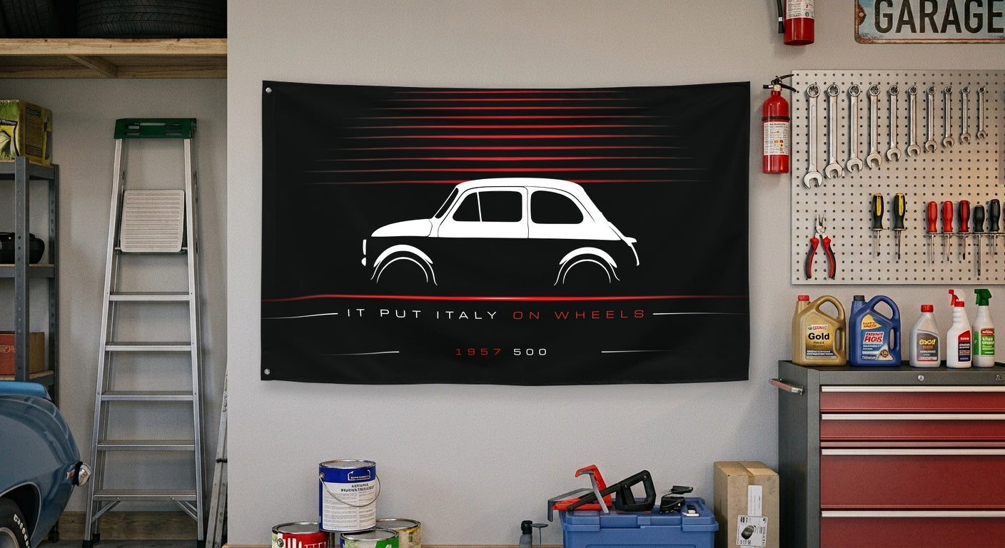 Fiat 500 1957 car silhouette flag - Garage Wall
