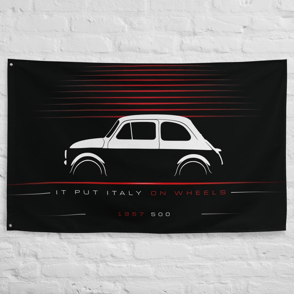Fiat 500 1957 car silhouette flag - White Brick Wall