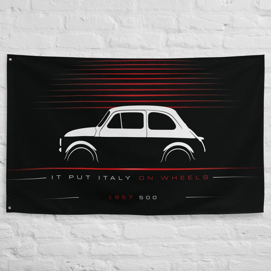Fiat 500 1957 car silhouette flag - White Brick Wall