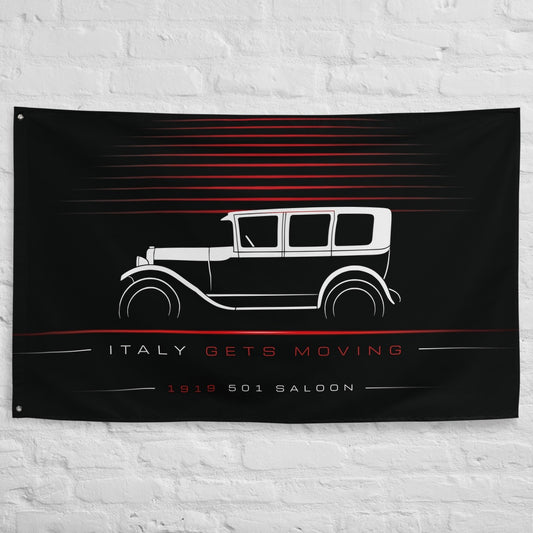 Fiat 501 Saloon 1919 car silhouette flag - White Brick Wall