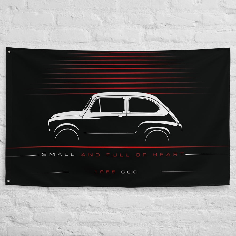 Fiat 600 1955 car silhouette flag - White Brick Wall