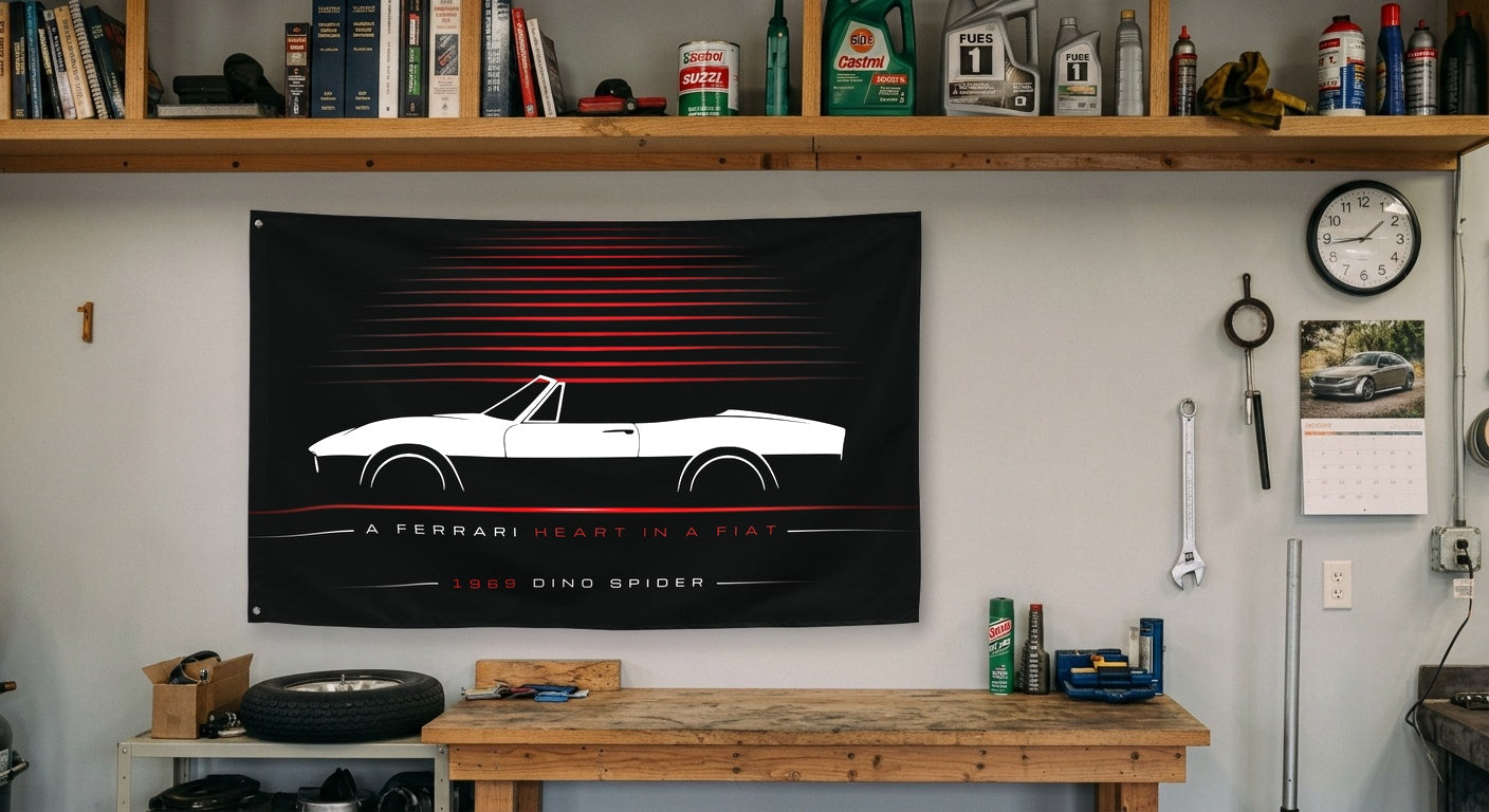 Fiat Dino Spider 1969 car silhouette flag - Garage Workbench