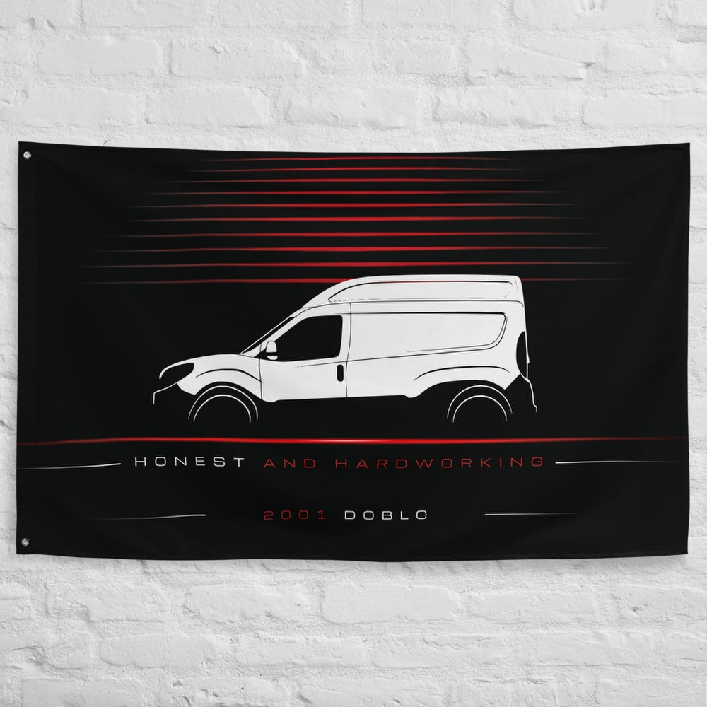 Fiat Doblo 2001 car silhouette flag - White Brick Wall