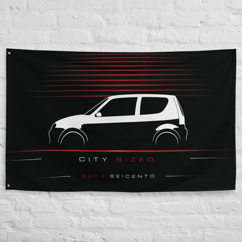 Fiat Seicento 2004 car silhouette flag - White Brick Wall