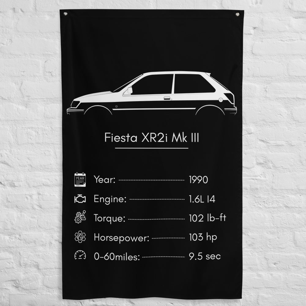 Ford Fiesta XR2i Mk III 1990 car silhouette spec flag - White Brick Wall