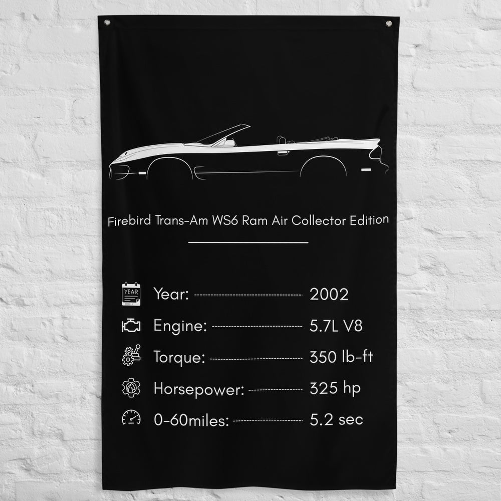 Pontiac Firebird Trans-Am WS6 Ram Air Collector Edition 2002 car silhouette spec flag - White Brick Wall