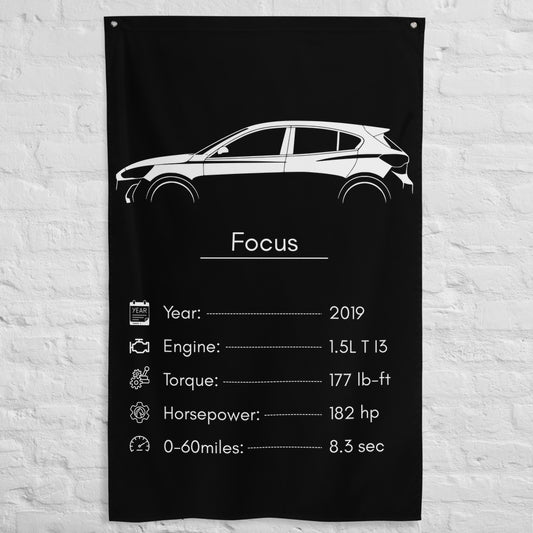 Ford Focus 2019 car silhouette spec flag - White Brick Wall