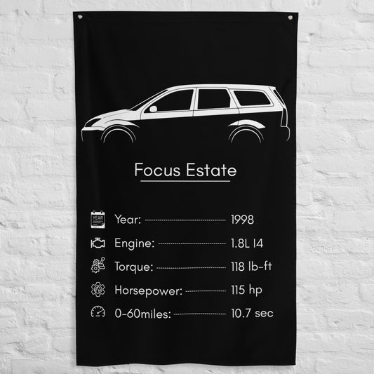 Ford Focus Estate 1998 car silhouette spec flag - White Brick Wall