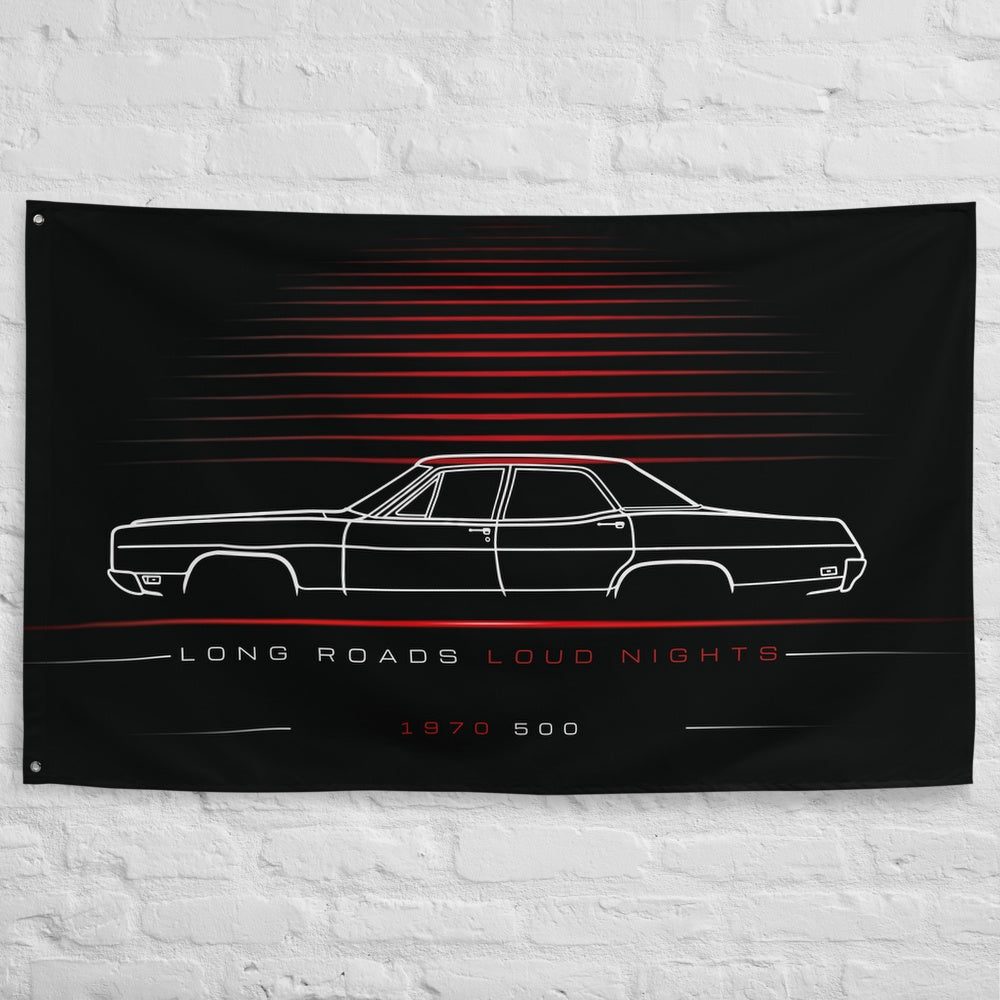 Ford 500 1970 car silhouette flag - White Brick Wall