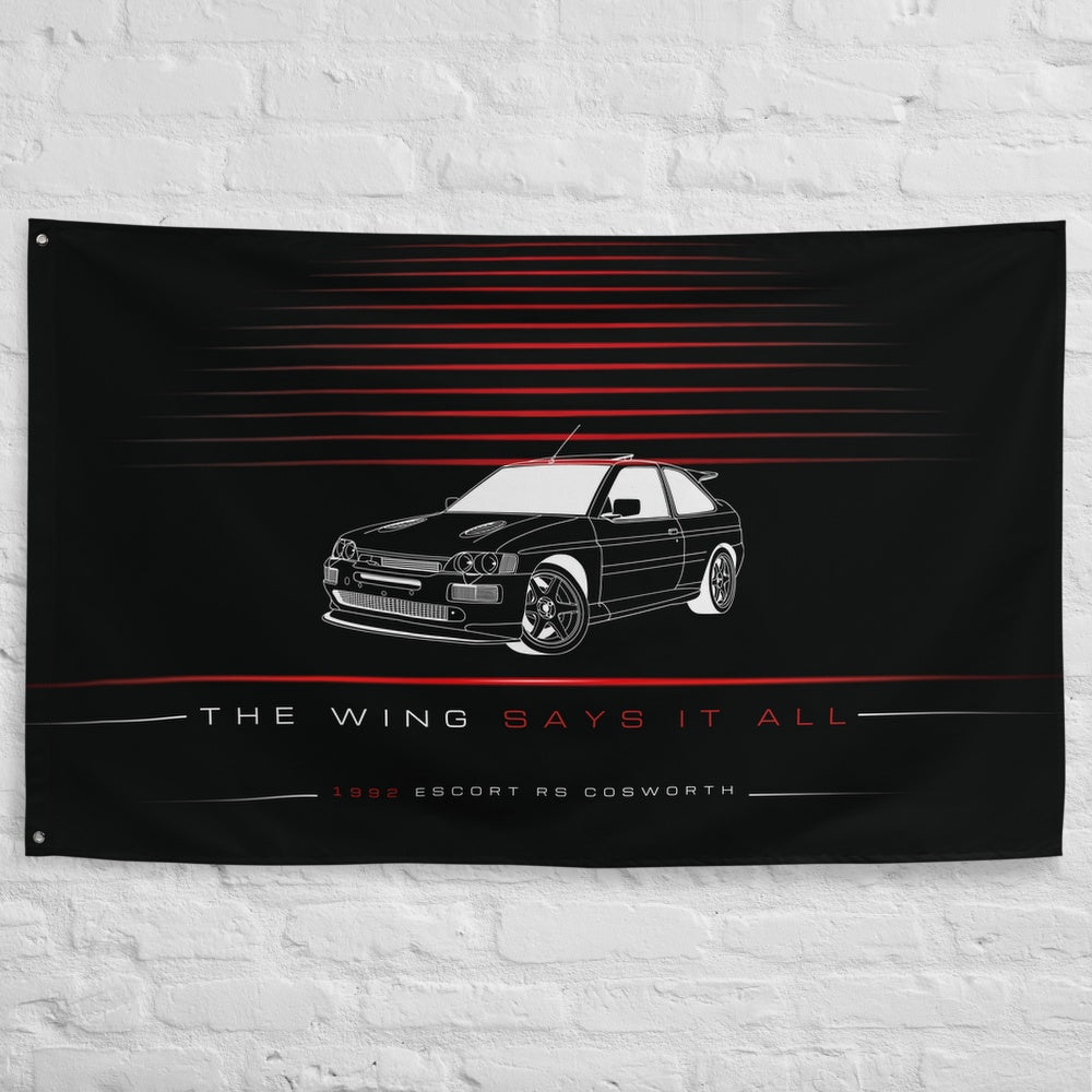 Ford Escort RS Cosworth Sierra 1992 car silhouette flag - White Brick Wall