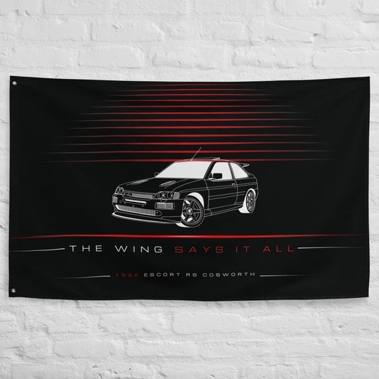 Ford Escort RS Cosworth Sierra 1992 car silhouette flag - White Brick Wall