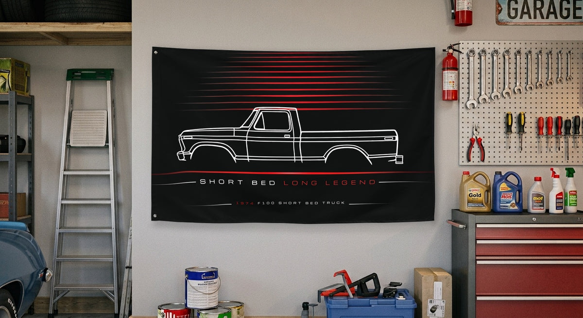 Ford F100 Short Bed Truck 1974 car silhouette flag - Garage Wall