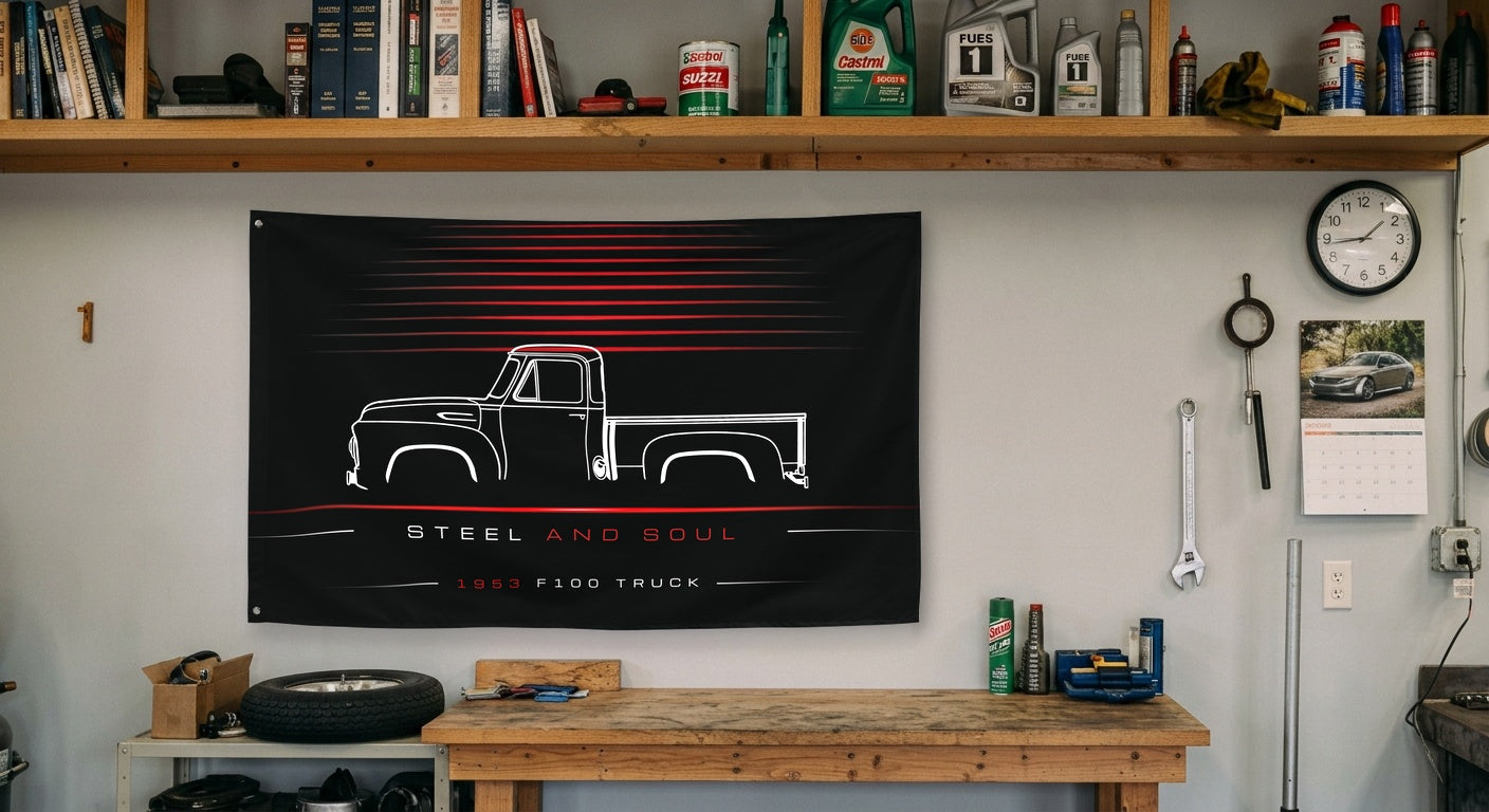 Ford F100 Truck 1953 car silhouette flag - Garage Workbench