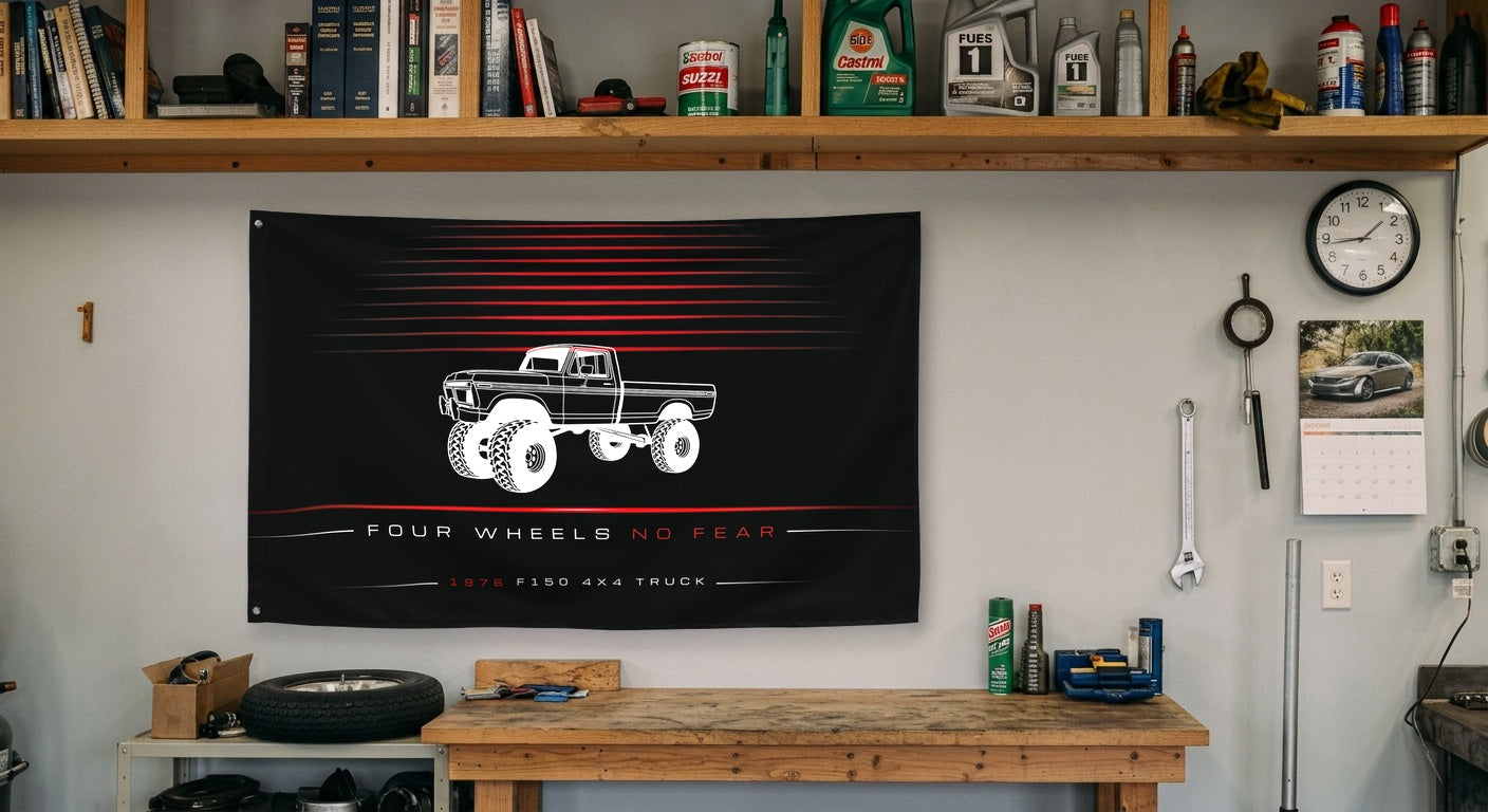 Ford F150 4x4 Truck 1976 car silhouette flag - Garage Workbench