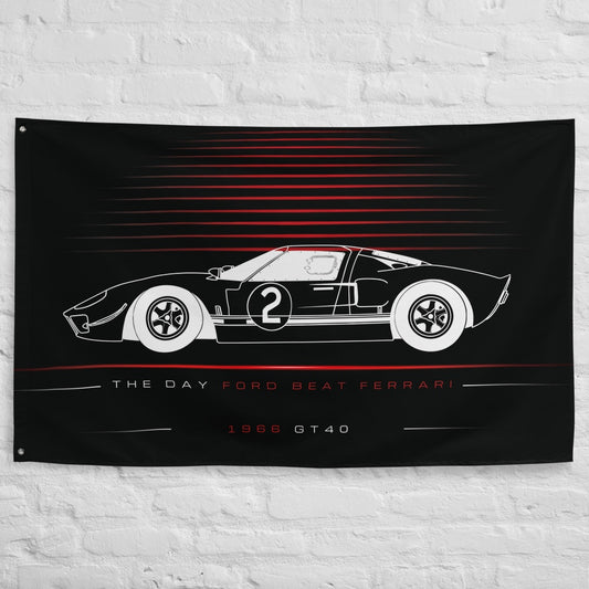 Ford GT40 Classic Race 1966 car silhouette flag - White Brick Wall