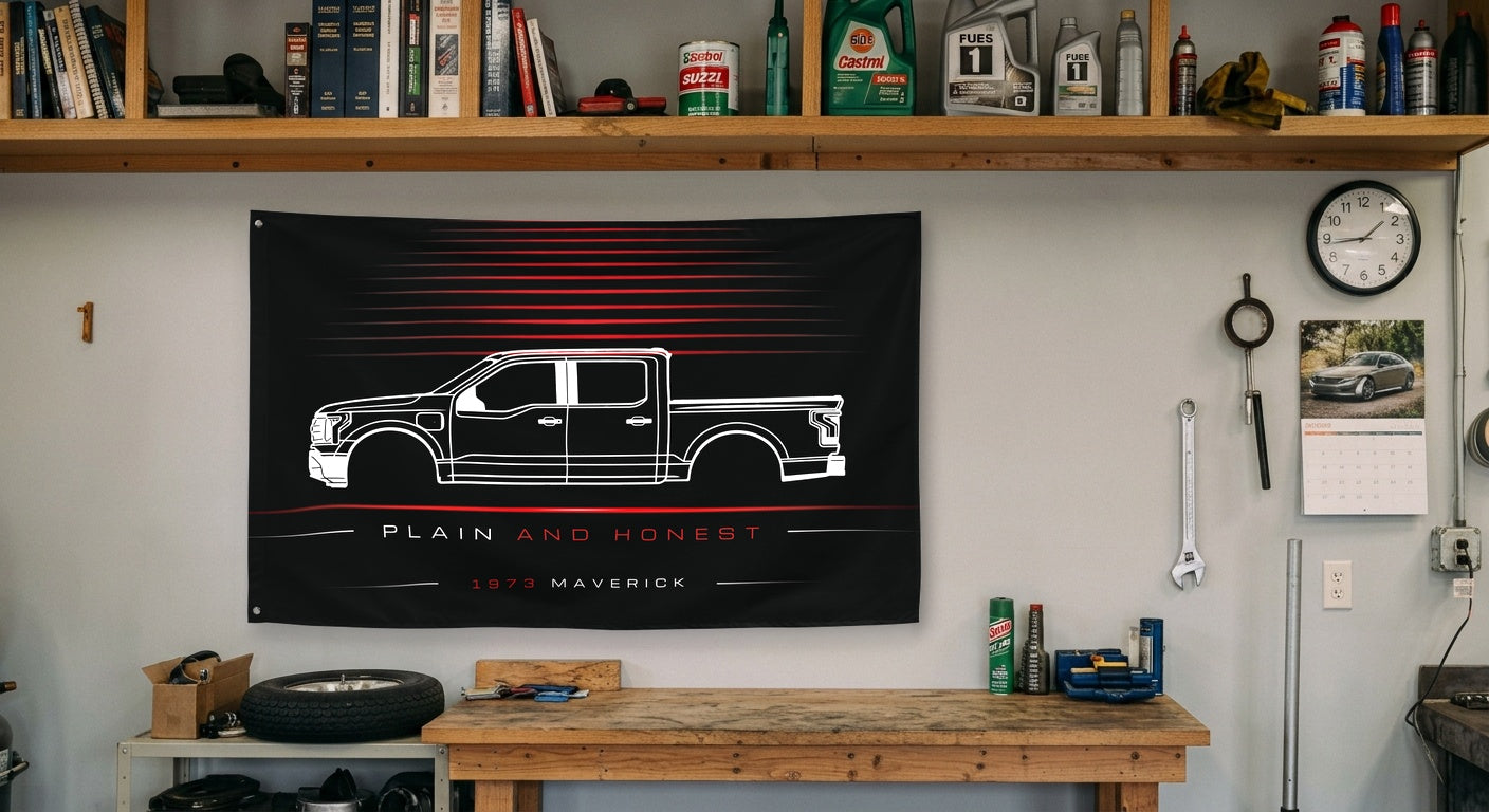 Ford Maverick 1973 car silhouette flag - Garage Workbench