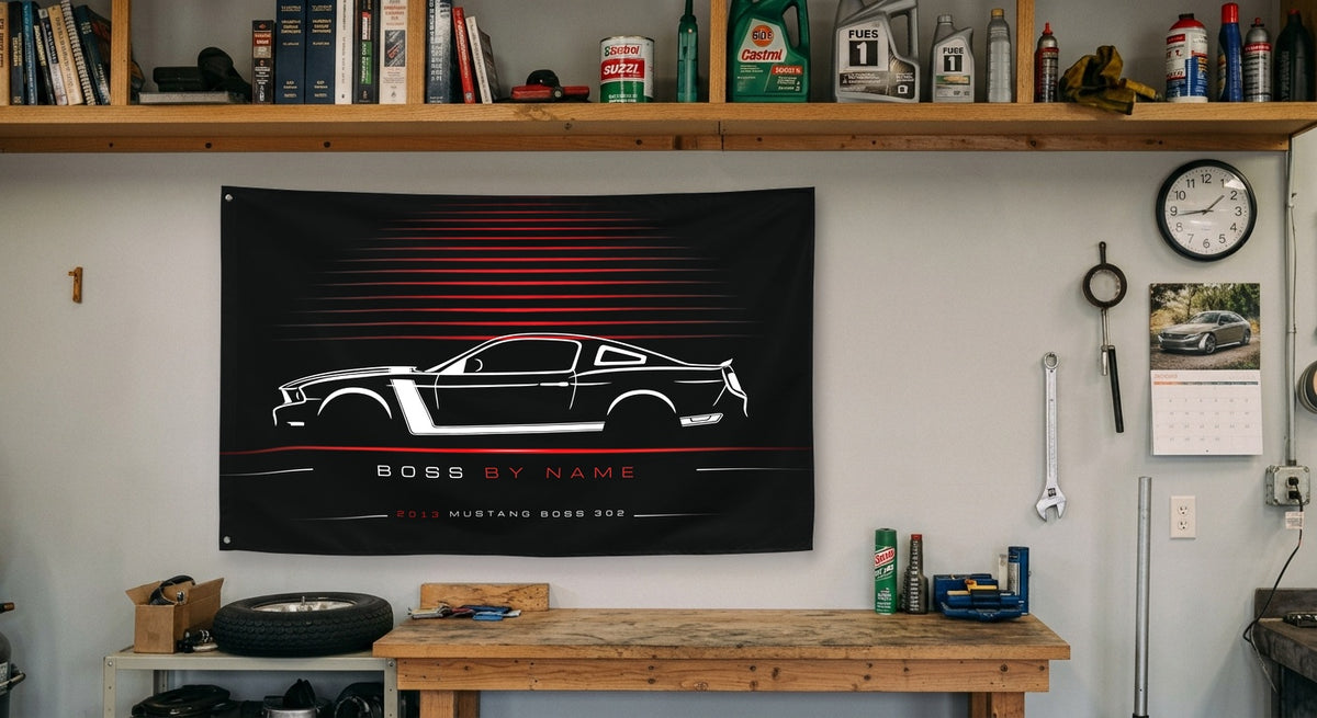 Ford Mustang Boss 302 2013 car silhouette flag - Garage Workbench