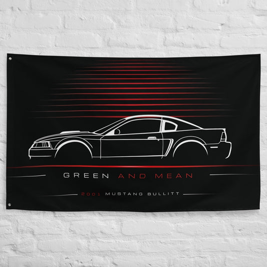 Ford Mustang Bullitt 2001 car silhouette flag - White Brick Wall