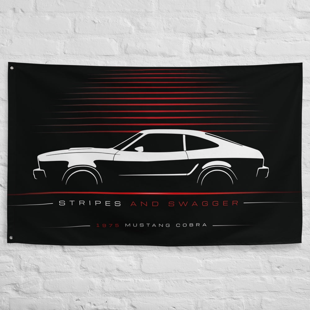 Ford Mustang Cobra II 1975 car silhouette flag - White Brick Wall