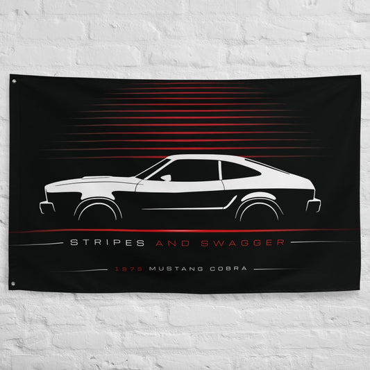 Ford Mustang Cobra II 1975 car silhouette flag - White Brick Wall