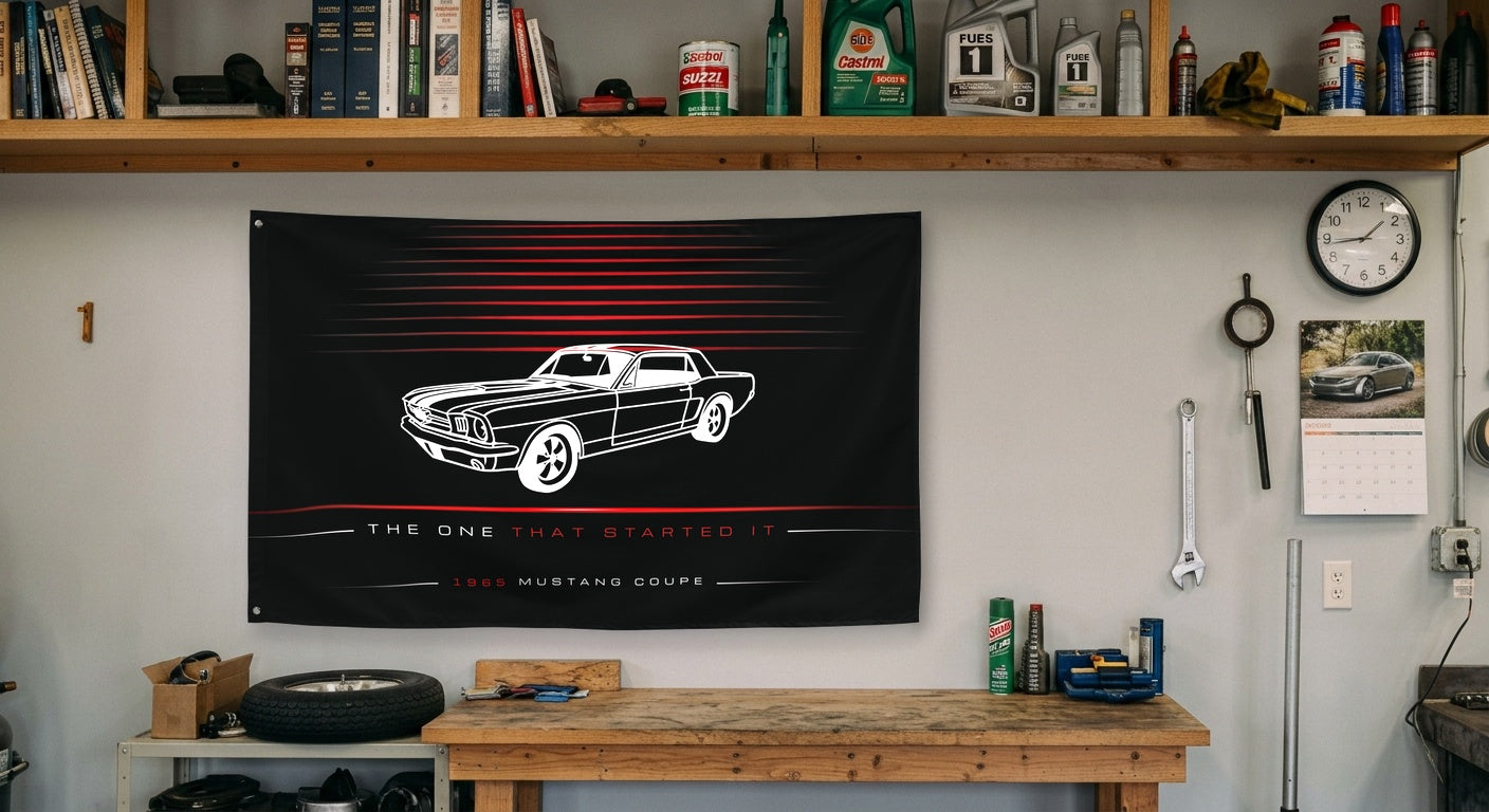 Ford Mustang Coupe 1965 car silhouette flag - Garage Workbench