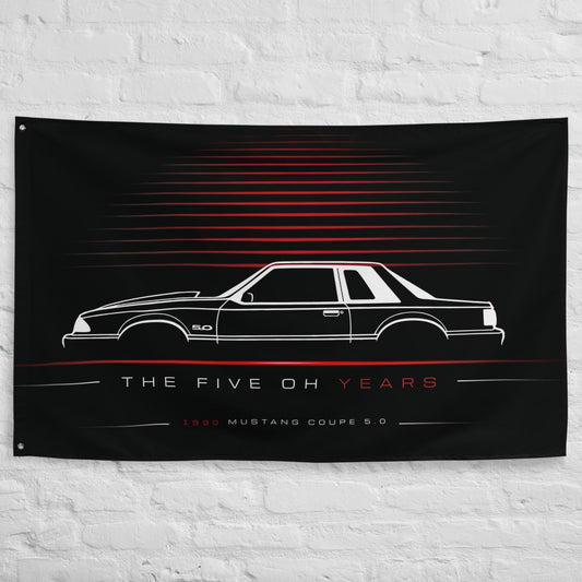 Ford Mustang Coupe 5.0 Foxbody 1990 car silhouette flag - White Brick Wall