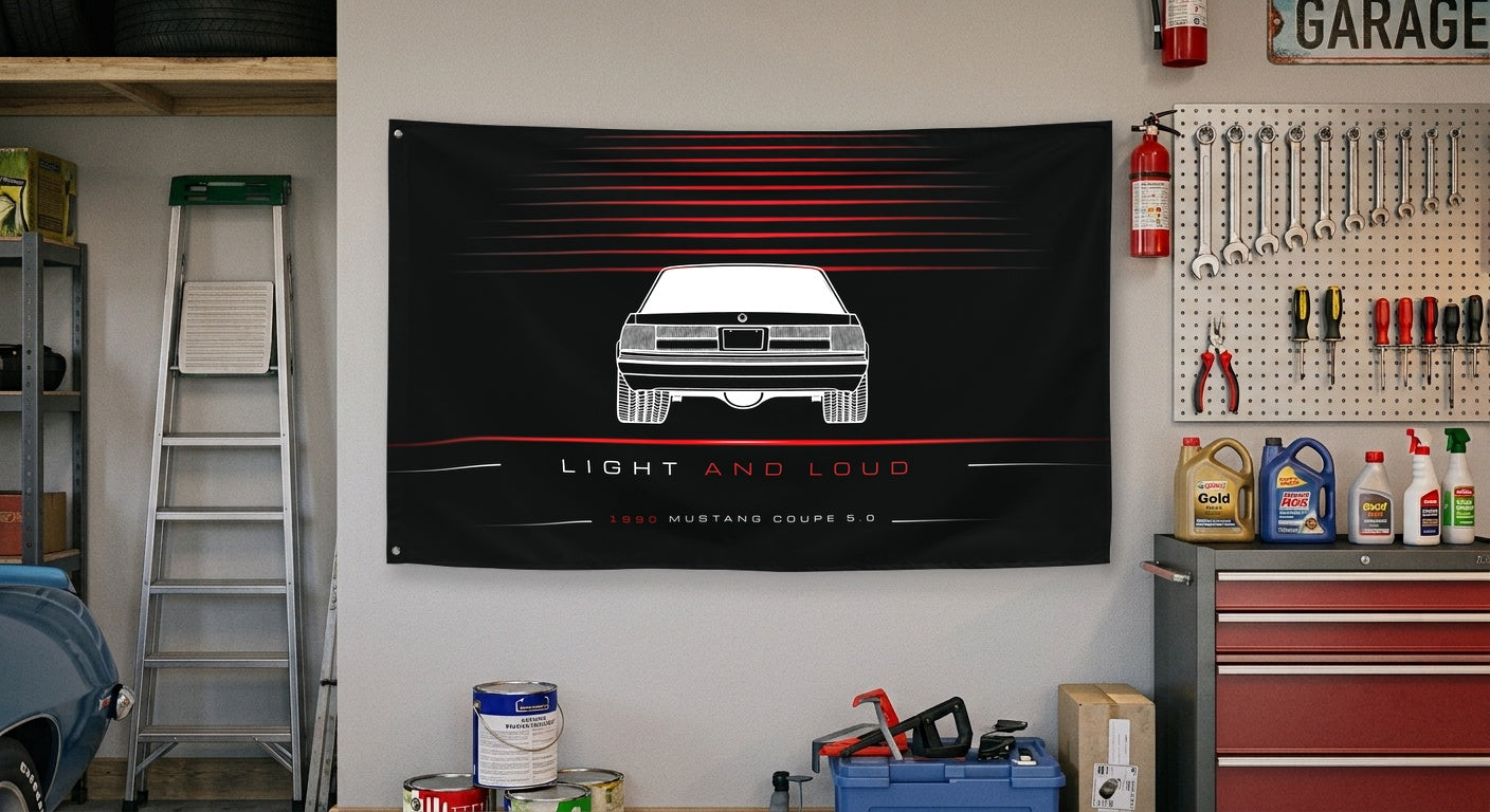 Ford Mustang Coupe 5.0 Foxbody 1990 car silhouette flag - Garage Wall
