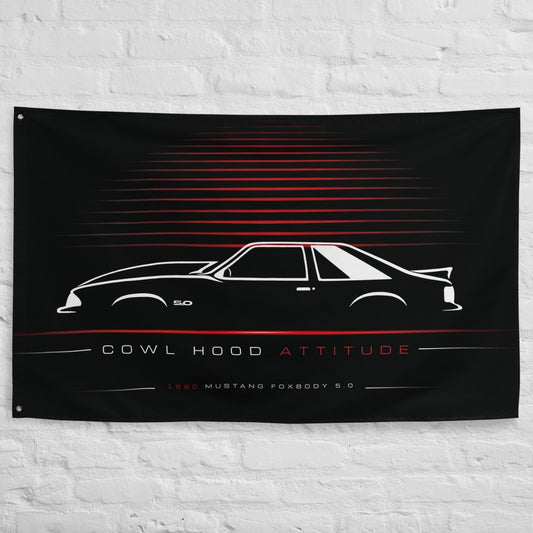 Ford Mustang Foxbody 5.0 Cowl 1990 car silhouette flag - White Brick Wall