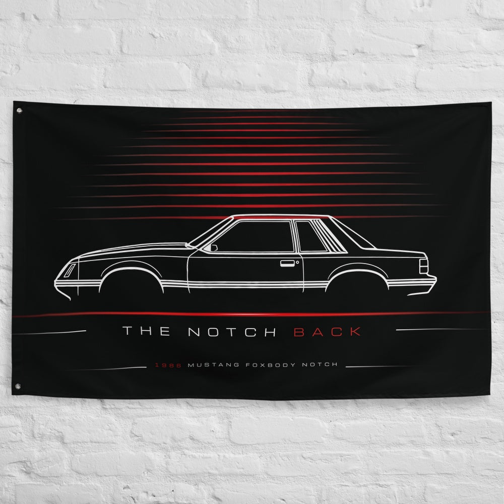 Ford Mustang Foxbody Notch Coupe 1986 car silhouette flag - White Brick Wall
