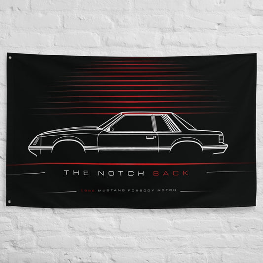 Ford Mustang Foxbody Notch Coupe 1986 car silhouette flag - White Brick Wall