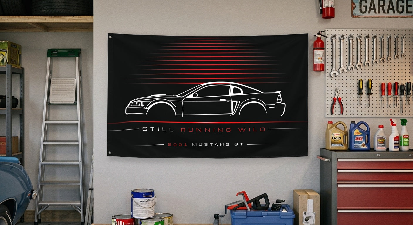 Ford Mustang GT 2001 car silhouette flag - Garage Wall
