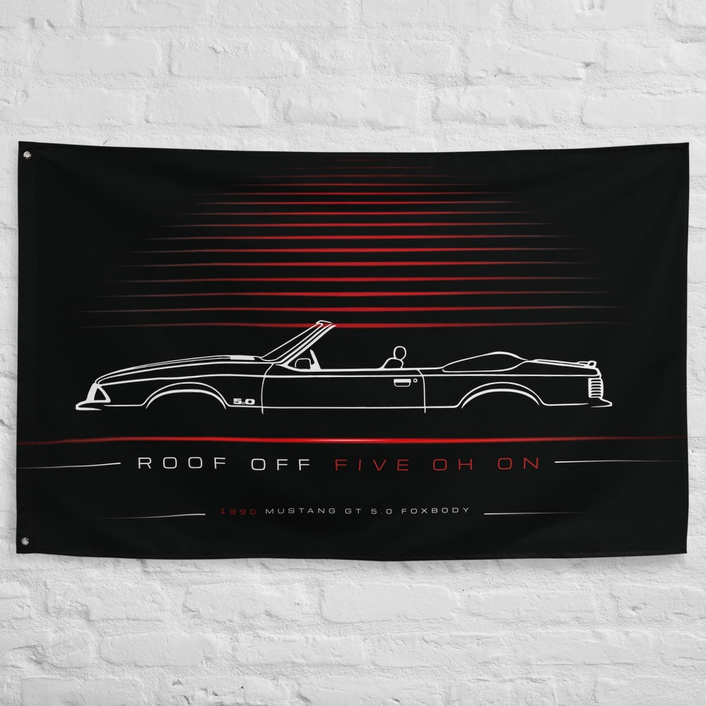 Ford Mustang GT 5.0 Foxbody Convertible 1990 car silhouette flag - White Brick Wall