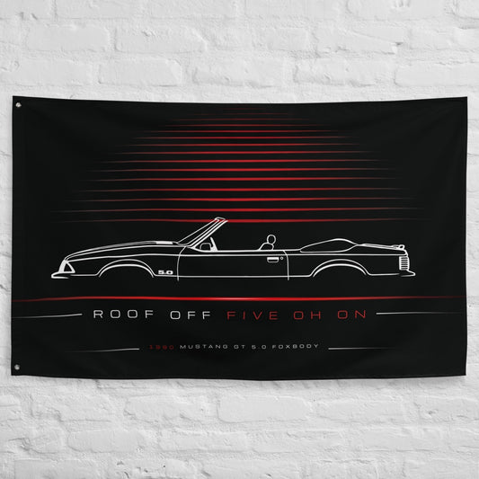 Ford Mustang GT 5.0 Foxbody Convertible 1990 car silhouette flag - White Brick Wall