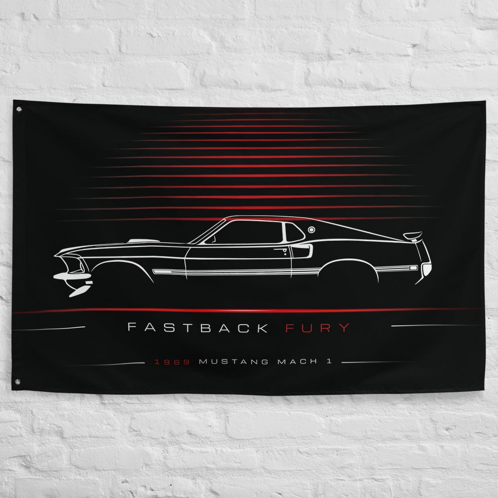 Ford Mustang Mach 1 Fastback II 1969 car silhouette flag - White Brick Wall