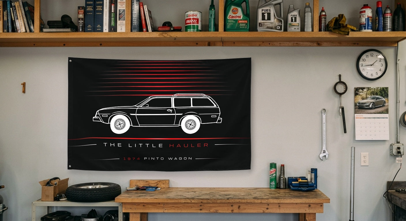 Ford Pinto Wagon 1974 car silhouette flag - Garage Workbench