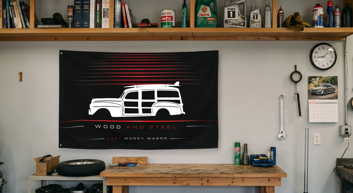 Ford Woody Wagon 1947 car silhouette flag - Garage Workbench