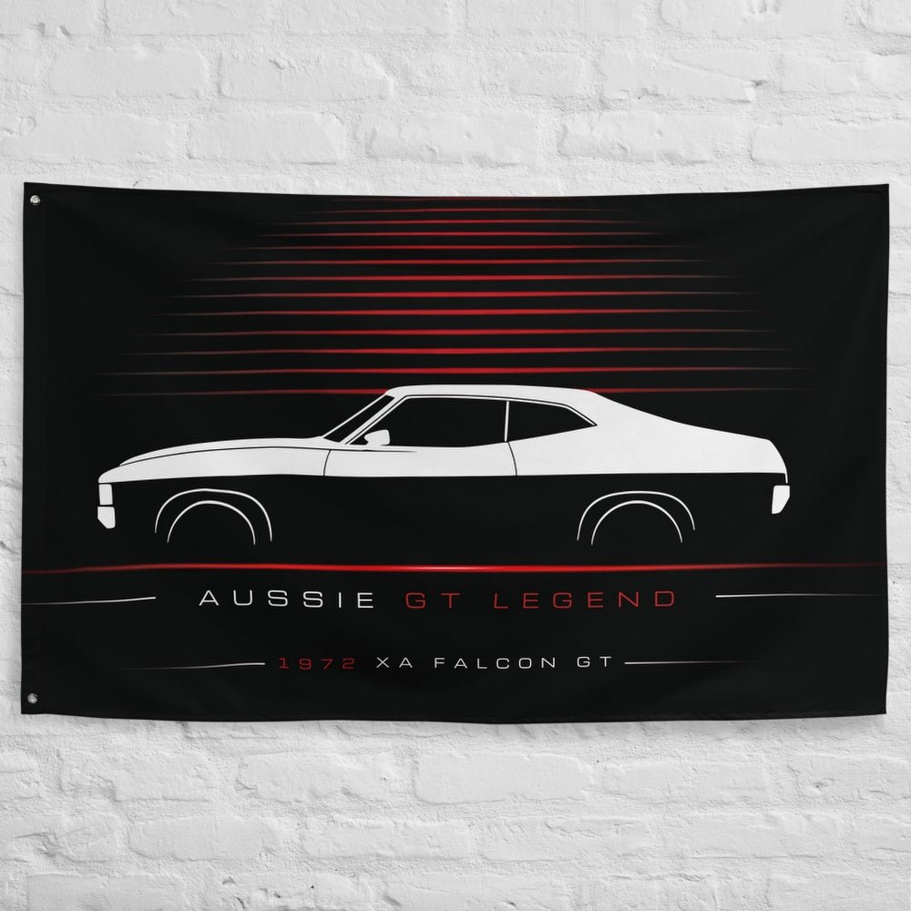 Ford XA Falcon GT 1972 car silhouette flag - White Brick Wall