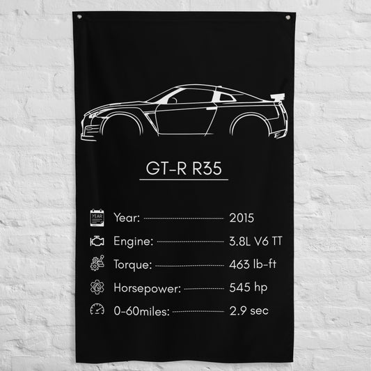 Nissan GT-R R35 2015 car silhouette spec flag - White Brick Wall