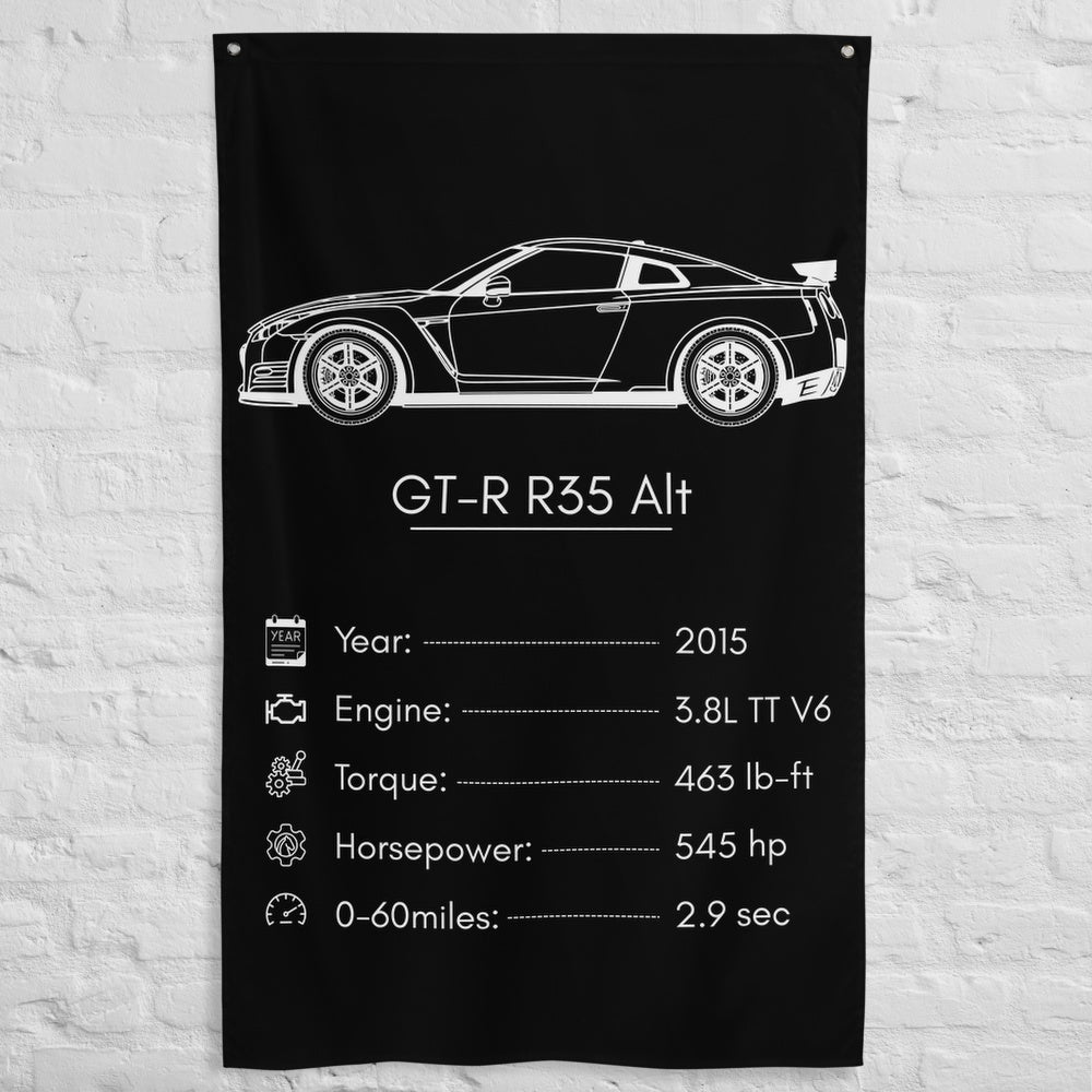 Nissan GT-R R35 2015 (Design 2) car silhouette spec flag - White Brick Wall