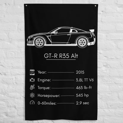 Nissan GT-R R35 2015 (Design 2) car silhouette spec flag - White Brick Wall