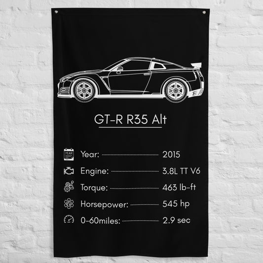 Nissan GT-R R35 2015 (Design 2) car silhouette spec flag - White Brick Wall