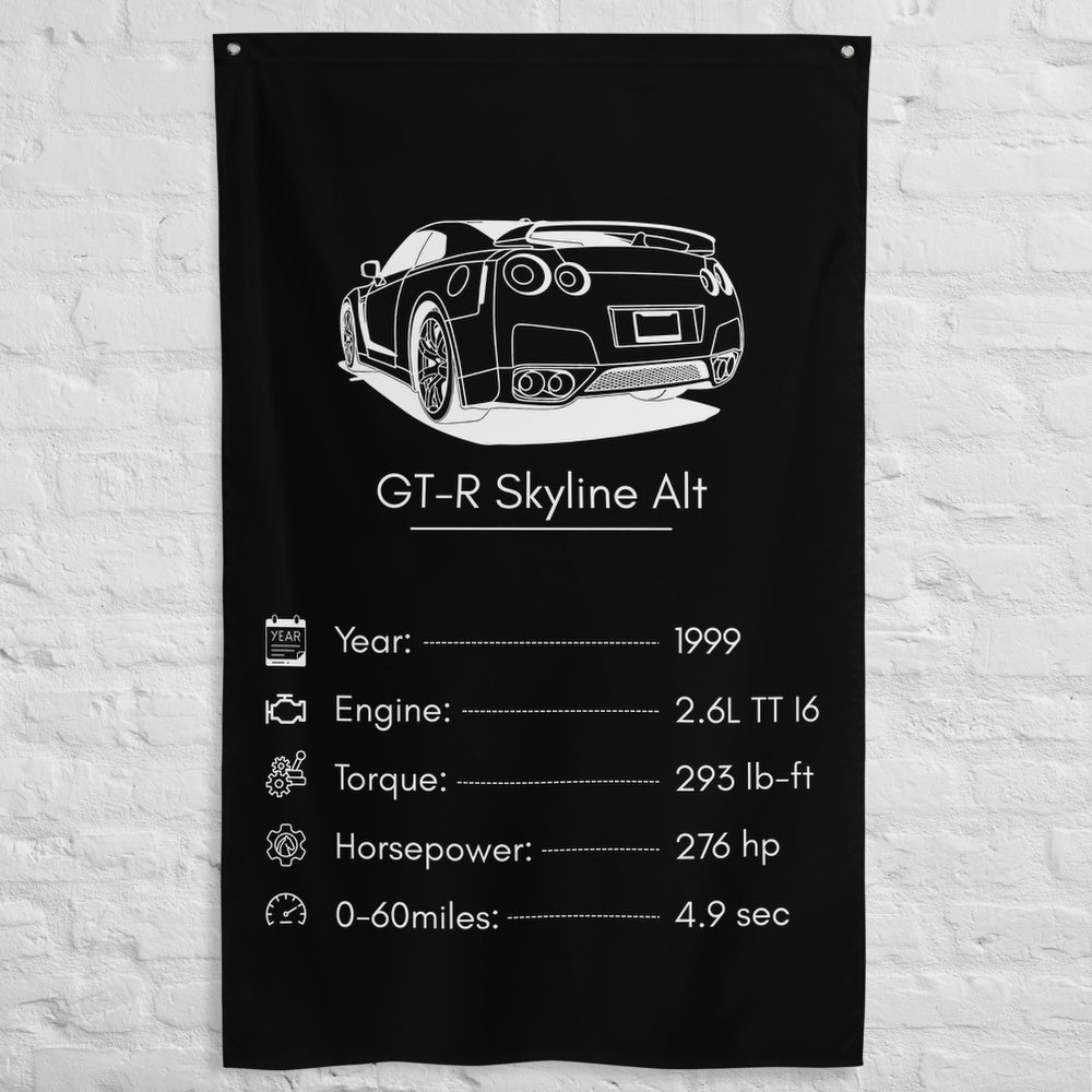 Nissan GT-R Skyline 1999 car silhouette spec flag - White Brick Wall