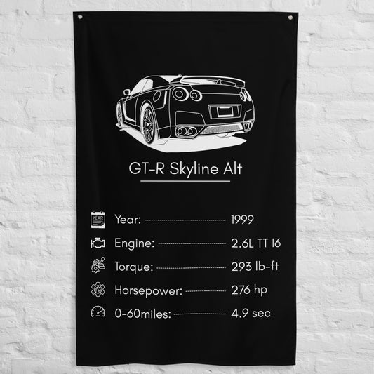 Nissan GT-R Skyline 1999 car silhouette spec flag - White Brick Wall