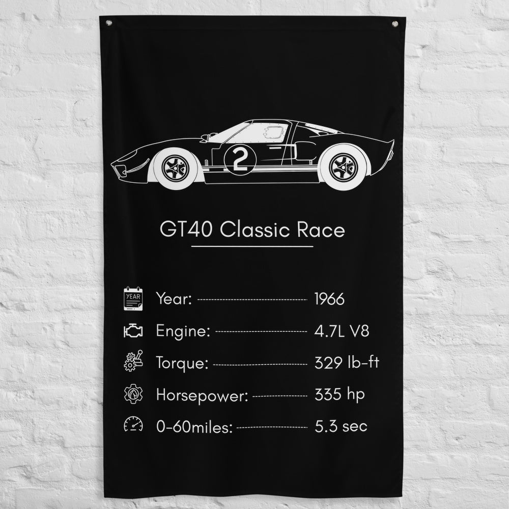 Ford GT40 Classic Race 1966 car silhouette spec flag - White Brick Wall