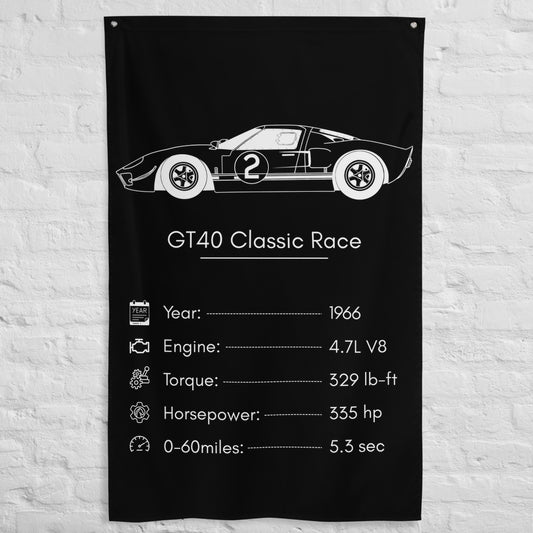 Ford GT40 Classic Race 1966 car silhouette spec flag - White Brick Wall