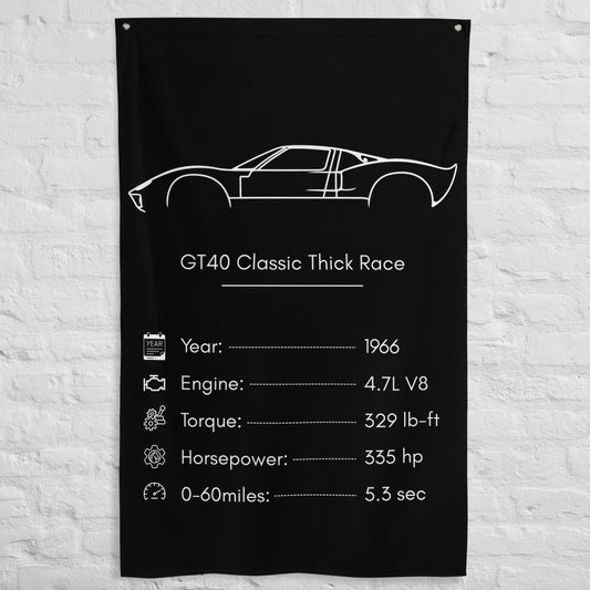 Ford GT40 Classic Thick Race 1966 car silhouette spec flag - White Brick Wall