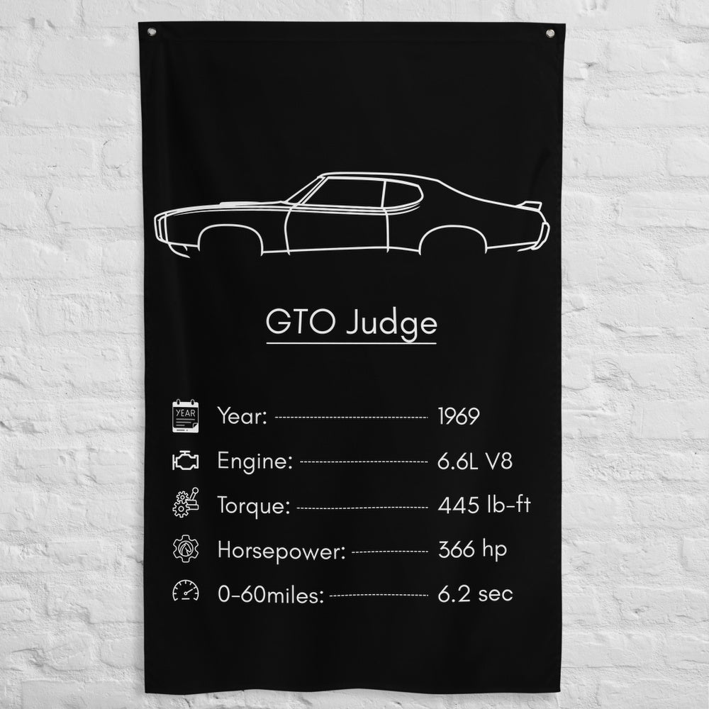 Pontiac GTO Judge 1969 car silhouette spec flag - White Brick Wall