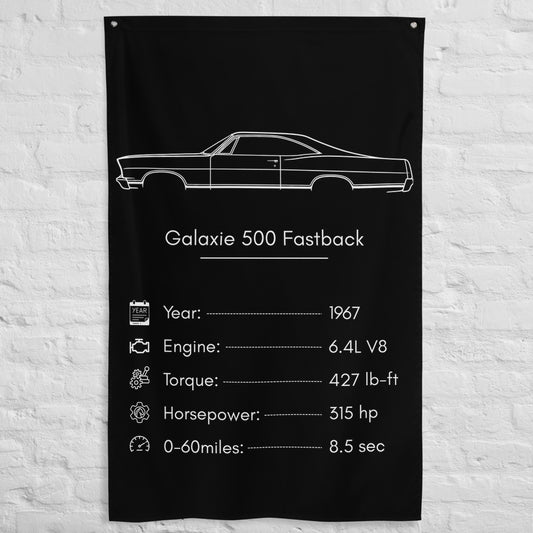 Ford Galaxie 500 Fastback 1967 car silhouette spec flag - White Brick Wall