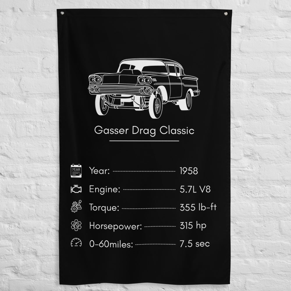 Chevrolet Gasser Drag Classic 1958 car silhouette spec flag - White Brick Wall