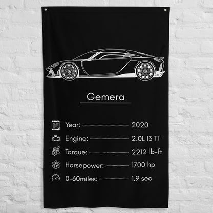 Koenigsegg Gemera 2020 car silhouette spec flag - White Brick Wall